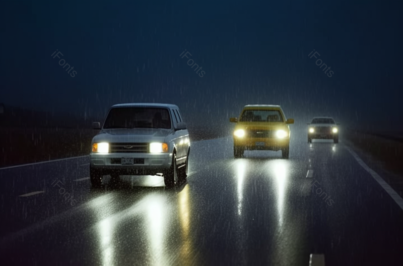 风雨中行驶在公路上的开着灯的汽车摄影真实,高清,摄影图,摄影图片,图片大全,摄影图免费下载